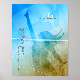 Poster volleyball féminin sur la plage sable surf ciel