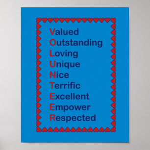 Poster Volontaire Coeurs de typographie bleue et rouge