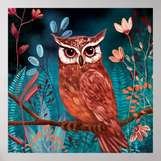 Poster Vom Künstler handillustrierte Eule – Boho Natur (Devant)