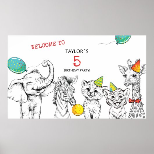 Poster voor 5e verjaardagsfeestje. (Voorkant)