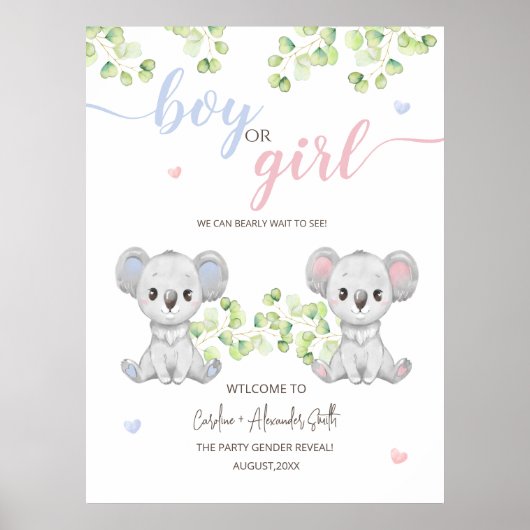 Poster voor de Koala Gender Reveal Party. (Voorkant)