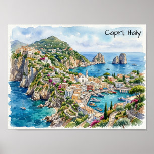 Poster Voyage à Capri Italie Aquarelle Minimaliste