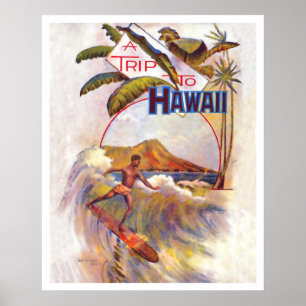 Poster Voyage à Hawaii, surf sur une grande vague, vintag