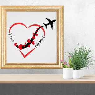 Poster Voyage Avion Cœur J'aime Mon Pilote Minimaliste