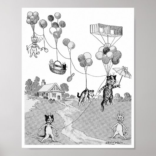 Poster Voyage en ballon de chat, Louis Wain (Devant)