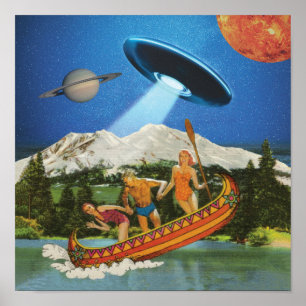 Poster Voyage en canoë UFO Montagnes Collage surréaliste