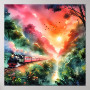 Poster Voyage en train au coucher de soleil tropical aqua