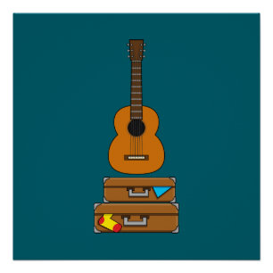 Poster Voyage heureux avec bagages et guitare