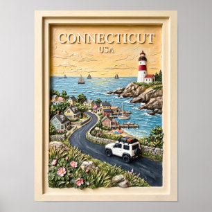 Poster Voyage rétro au phare côtier du Connecticut