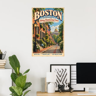 Poster Voyage rétro Boston Massachusetts Beacon Hill