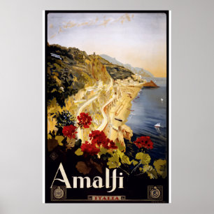 Poster Voyage rose vintage de ville d'Amalfi Italie de