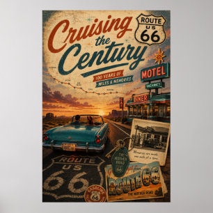 Poster Voyage sur l'ancienne route 66 : des kilomètres et