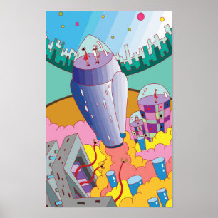 Poster Voyage vers un monde fantastique par fusée.