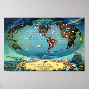 Poster Voyage vintage de carte du monde d'itinéraire de