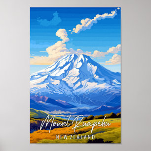 Poster Voyage vintage du mont Ruapehu Nouvelle-Zélande