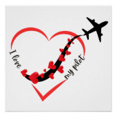 Poster Voyager Avion Coeur J'aime mon pilote minimaliste (Devant)
