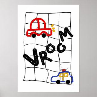 Poster Vroom Vroom! Colorful Hand-Drawn Car & Police Car
