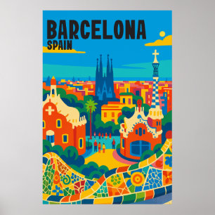 Poster Vue aérienne colorée de Barcelone Espagne Voyage