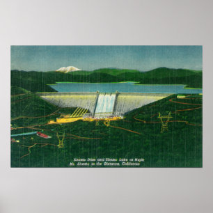 Poster Vue aérienne du barrage de Shasta, lac, Montagne à