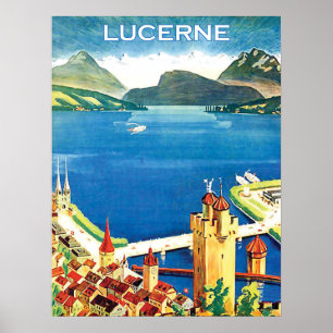 Poster Vue aérienne, ville de luzerne et un lac, Suisse