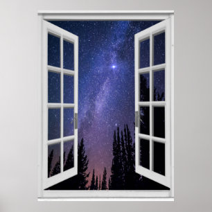 Poster Vue Ciel de nuit Trompe l'oeil Fake Window