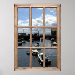 Poster Vue de bateaux de pêche d'une fenêtre