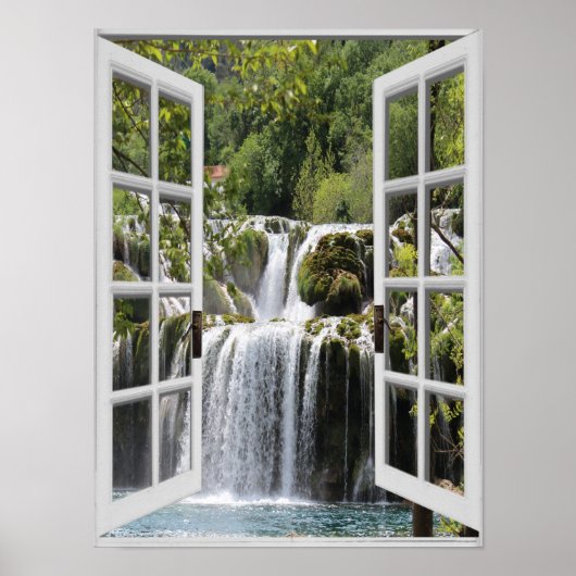 Poster Vue de cascade Trompe l'oeil Fausse fenêtre (Devant)