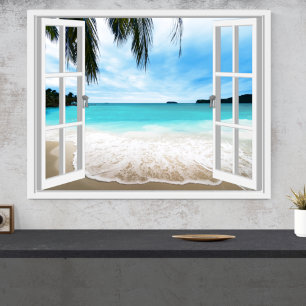Poster Vue de fenêtre 3D tranquille sur la mer et la plag