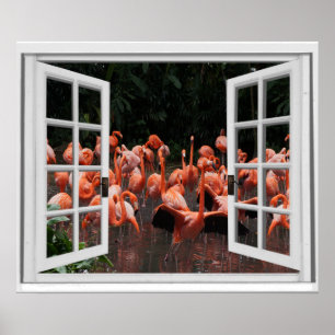 Poster Vue de fenêtre factice Flamants roses 