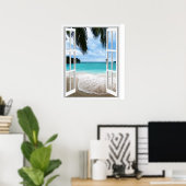 Poster Vue de fenêtre tropicale 3D et plage (Bureau à domicile)