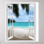 Poster Vue de fenêtre tropicale 3D et plage (Devant)