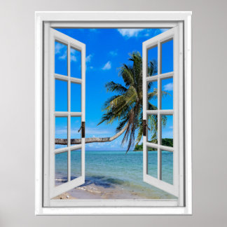 Poster Vue de la fenêtre artificielle Palm Tree et Ocean