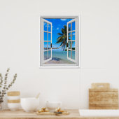 Poster Vue de la fenêtre artificielle Palm Tree et Ocean (Cuisine)