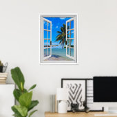 Poster Vue de la fenêtre artificielle Palm Tree et Ocean (Bureau à domicile)