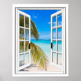 Poster Vue de la fenêtre artificielle Palms and Beach
