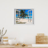 Poster Vue de la fenêtre Tropical Palms and Ocean Faux (Cuisine)