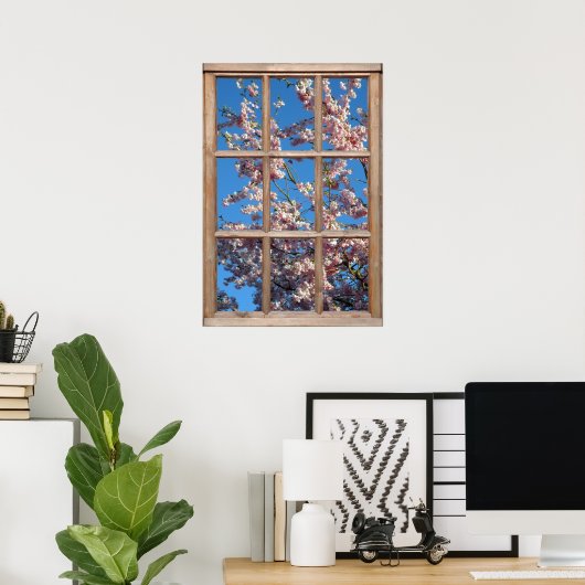 Poster Vue de la fleur de cerisier depuis une fenêtre (Bureau à domicile)