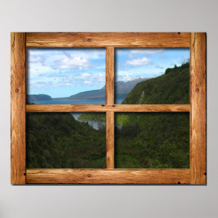 Poster Vue de la Nouvelle-Zélande avec une fenêtre en boi