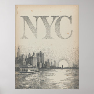 Poster Vue de la skyline de NYC depuis un ferry avec l'Em
