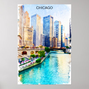Poster Vue de la ville de Chicago Illinois à l'aquarelle