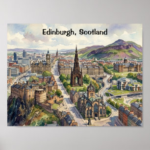 Poster Vue de la ville d'Édimbourg Écosse aquarelle minim