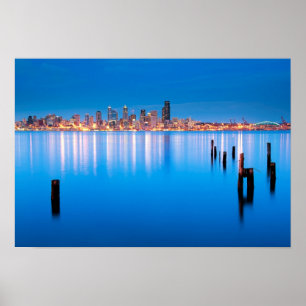 Poster Vue de l'heure bleue sur le centre-ville de Seattl