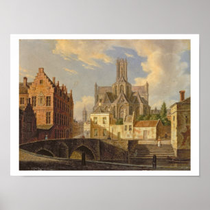 Poster Vue de ville avec la figure pêche dans un canal