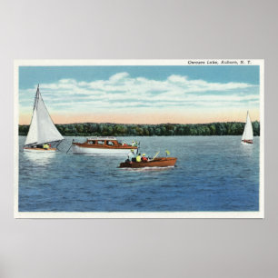 Poster Vue de voile et de canots automobiles sur le lac