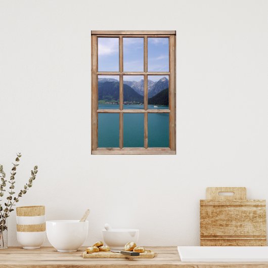 Poster Vue du lac Alpin depuis une fenêtre (Cuisine)
