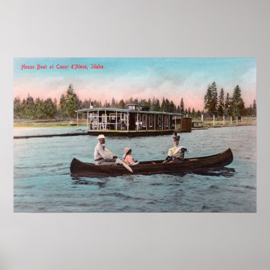 Poster Vue d'un bateau à la maison sur le lac (Devant)