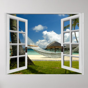 Poster Vue fausse fenêtre de la plage tropicale