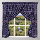 Poster Vue fenêtre avec le mouton et le paysage paisible (Devant)
