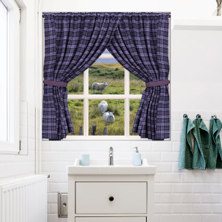 Poster Vue fenêtre avec le mouton et le paysage paisible