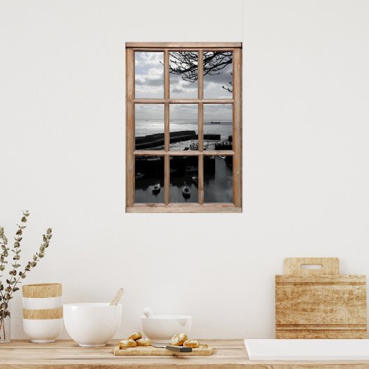 Poster Vue mer d'argent depuis une fenêtre (Cuisine)